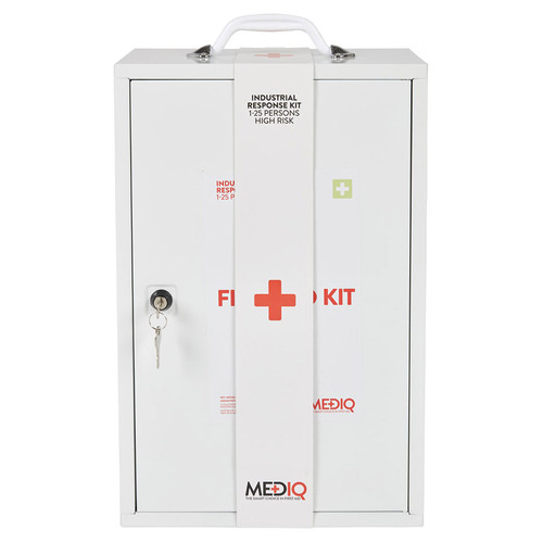 WORKWEAR, SAFETY & CORPORATE CLOTHING SPECIALISTS - Mediq Essential First Aid Kit Workplace Response In White Metal Wall Cabinet 1-25 Persons High Risk